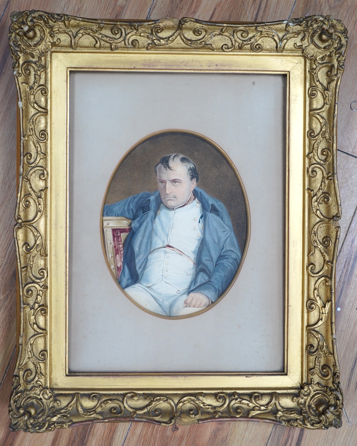 19th century English School, pair of oval watercolours, Portraits of Duke of Wellington and Napoleon Bonaparte, 21 x 16.5cm, gilt framed. Condition - fair, some discolouration and spots of foxing